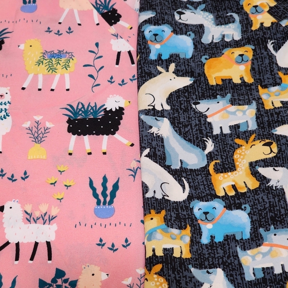 2 SANIBEL Scrub Tops Women's Small Soft Stretchy Dogs Llamas V-Neck Nursing